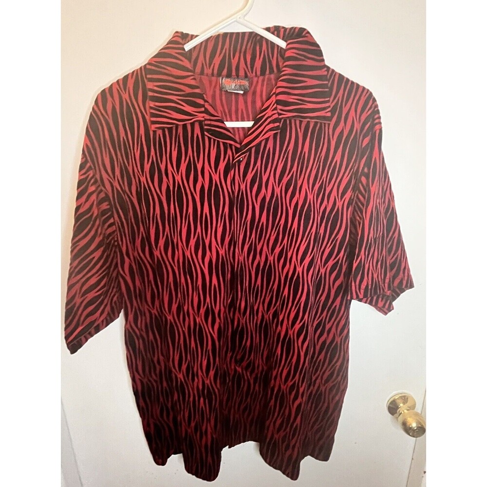 VTG Y2K 90's Epidemic Red & Black Flame Textured Velvet Button Down Shirt Sz XL